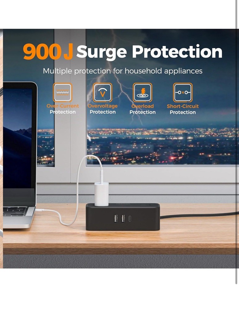 TESSAN Black Extension Cord 5 Ft, Flat Surge Protector