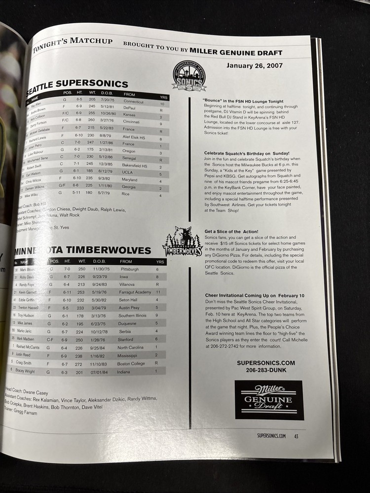 NBA Program - Seattle SuperSonics vs Minnesota Timberwolves - January 26, 2007