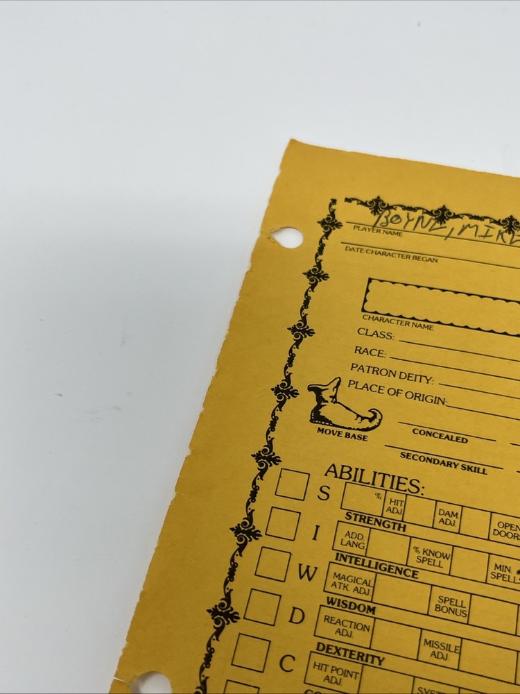 Original AD&D Player Character Record Sheet—Multi Classed Bard Light Use