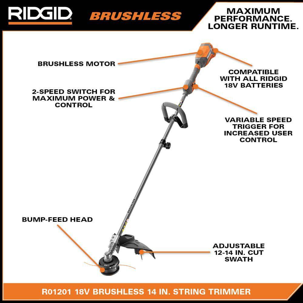 RIDGID 2-Tool Kit 14" 18V Brushless Cordless Battery String Trimmer Leaf Blower