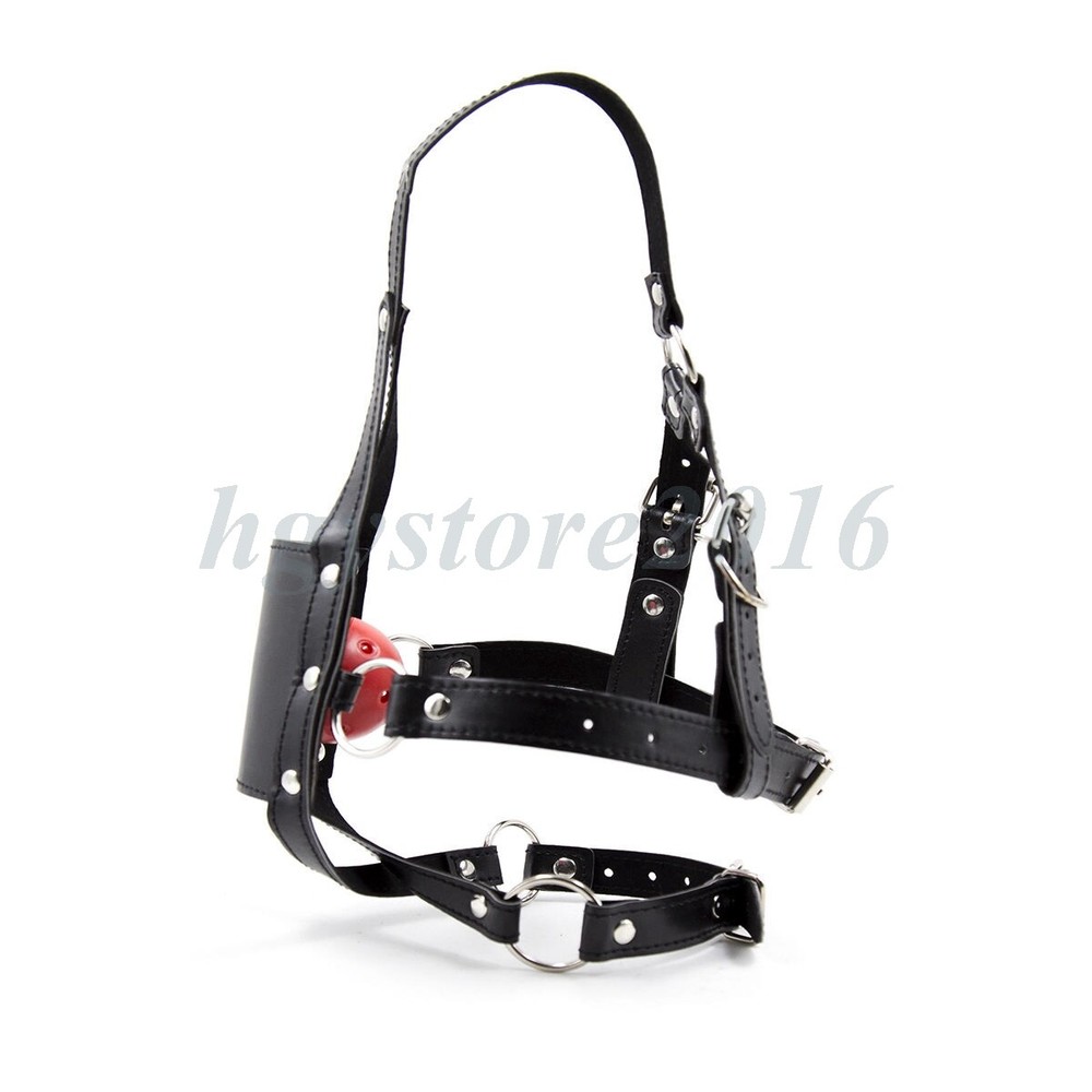 Faux Leather Head Hood Open Mouth Gags Muzzle Strap Half Face Restraint