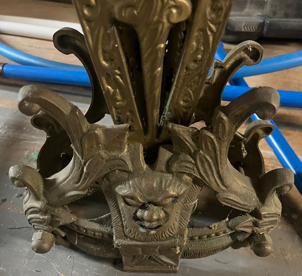 Antique embossed copper fireplace screen elephants,tools, Peacock