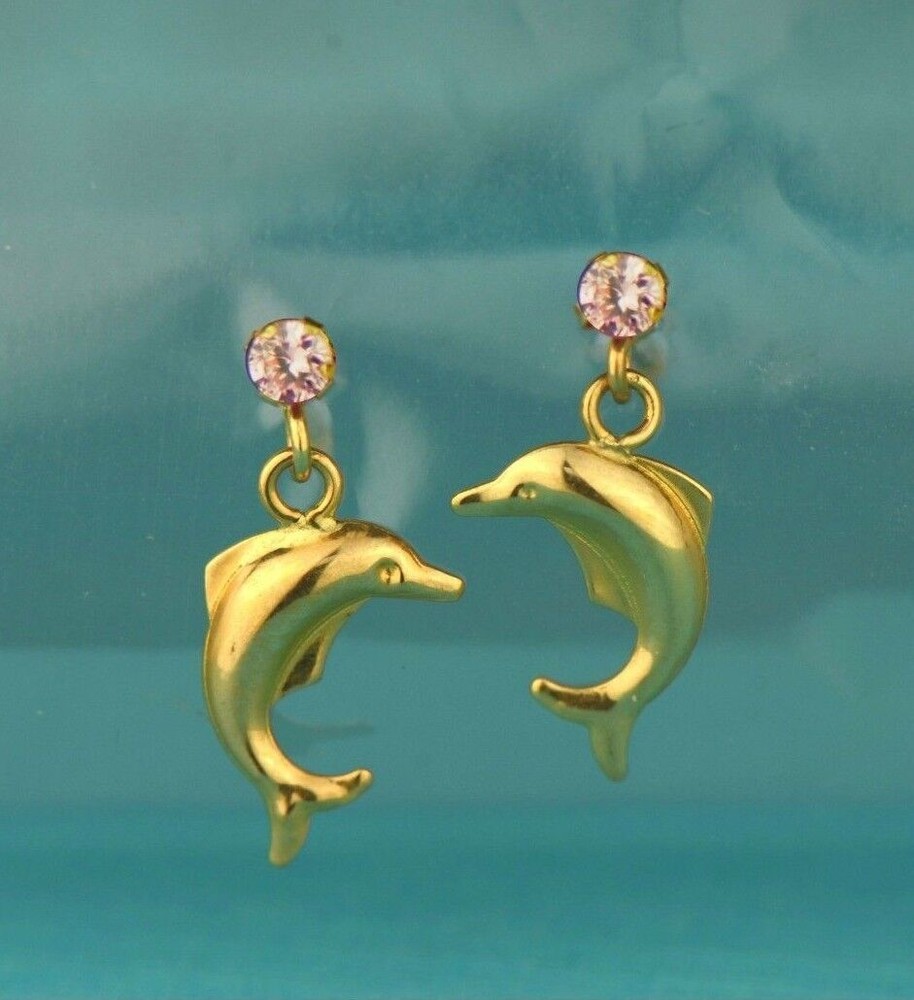 14k Yellow Gold CZ Dolphin Stud Earring