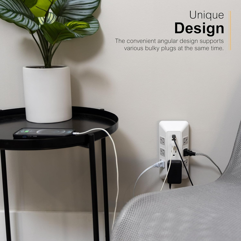 8-Outlet Sur Protector with USB, Outlet Extender, 2 USB-A, 1 USB-C, Adapter Spac