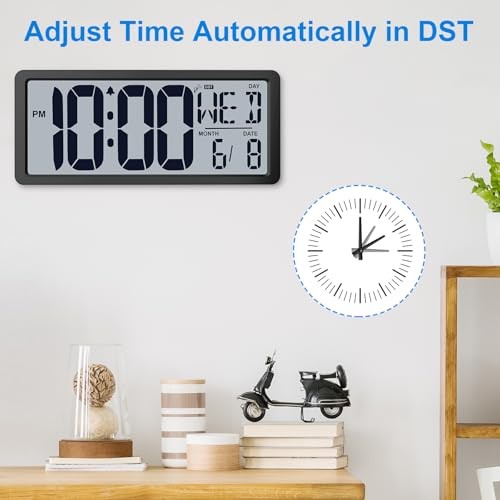 Backlight Digital Wall Clock Battery Operated with Bluetooth Time Sync/No Black
