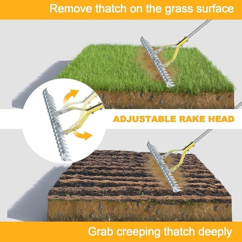 Adjustable Thatching Rake Garden Tool Steel Tines Double Sided Dethatcher New