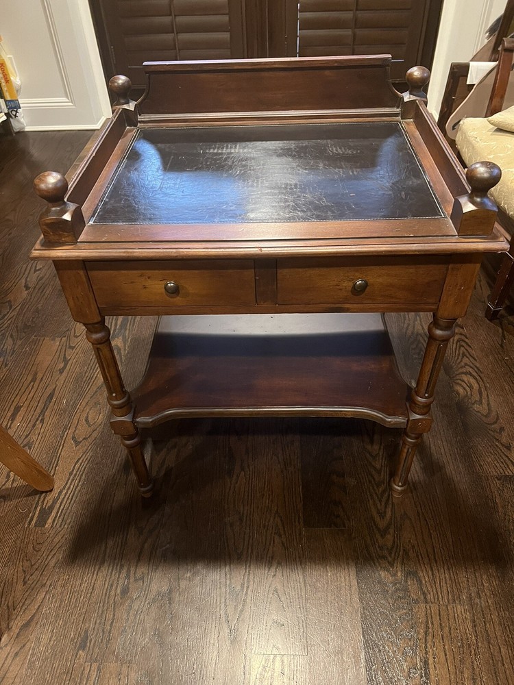 Vtg Accent Table Learher Top 2 Drawers & Shelf