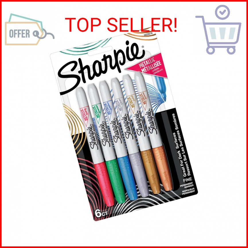 Sharpie Metallics Permanent Markers, Fine Tip, Assorted Colors, 6 Pack