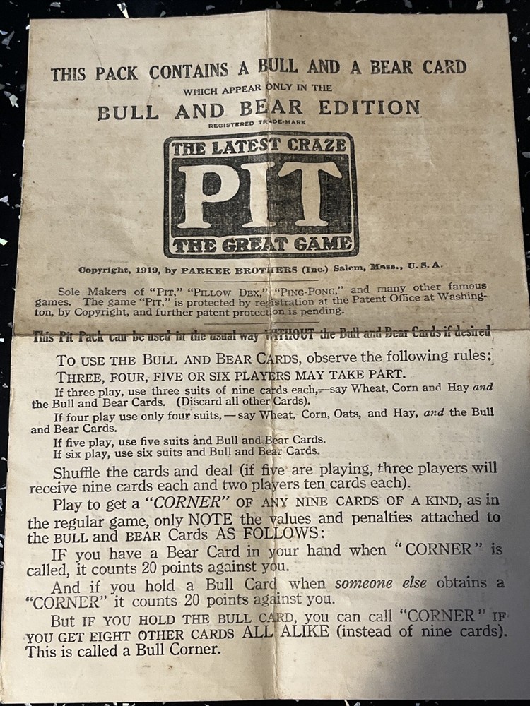 Waddingtons PIT Game Instruction Leaflet Circa 1920 Bull And Bear Edition
