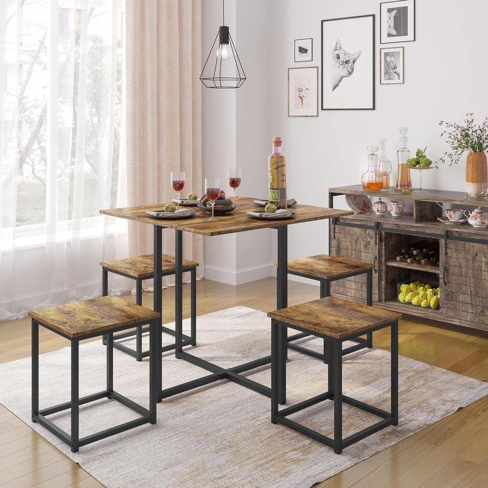 Industrial Dining Table Set for 4 Compact Kitchen Table and 4 Stools Space Savin