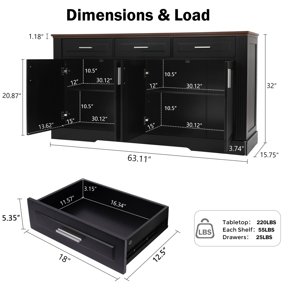 Modern Fluted Sideboard Buffet w/4 Doors & 3 Drawers for Kitchen Dining
