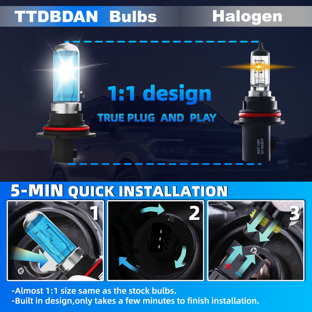 9007 Halogen Headlight Super Bright Bulbs Kit White 6000K High/Low Beam 2PCS