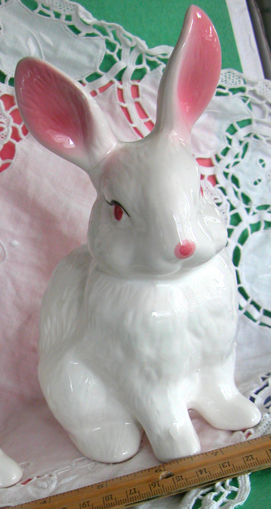 Ceramic Bunny, 7" Tall, White & Pink Hand Painted
