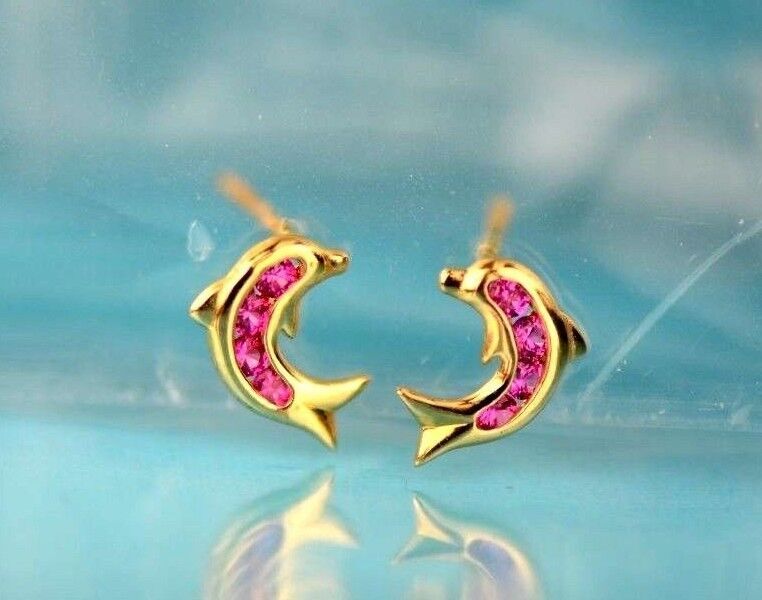 14k Yellow Gold CZ Dolphin Stud Earring