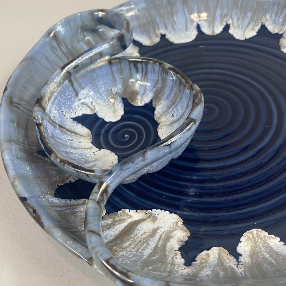Ceramic Chip and Dip Platter Unique Blue Pottery Serving Dish