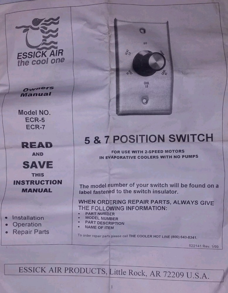 NEW Essick ECR-5 1A143 5-Position Ventilation Switch