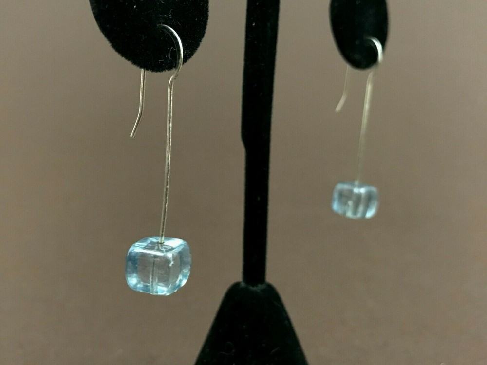 Unique Wired Light Blue Glass Cube Beads Silver Tone Dangle Pierced Earrings