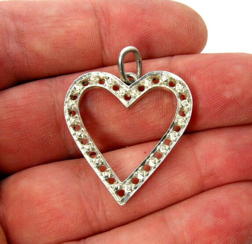 STERLING SILVER 22 Stone Heart Shape Beaded Bright Cut Setting Pendant HANDMADE