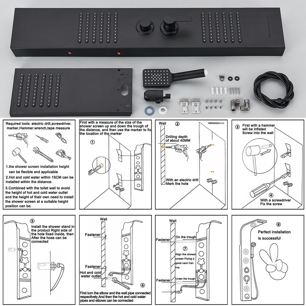 Black LED Shower Panel Tower System Rain&Waterfall Shower Head Massage Sprayer