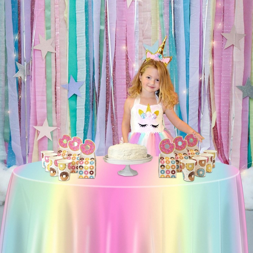 3 Pack Pastel Rainbow Tablecloths for Round Table, 84x84'' Pastel Plastic Rou...