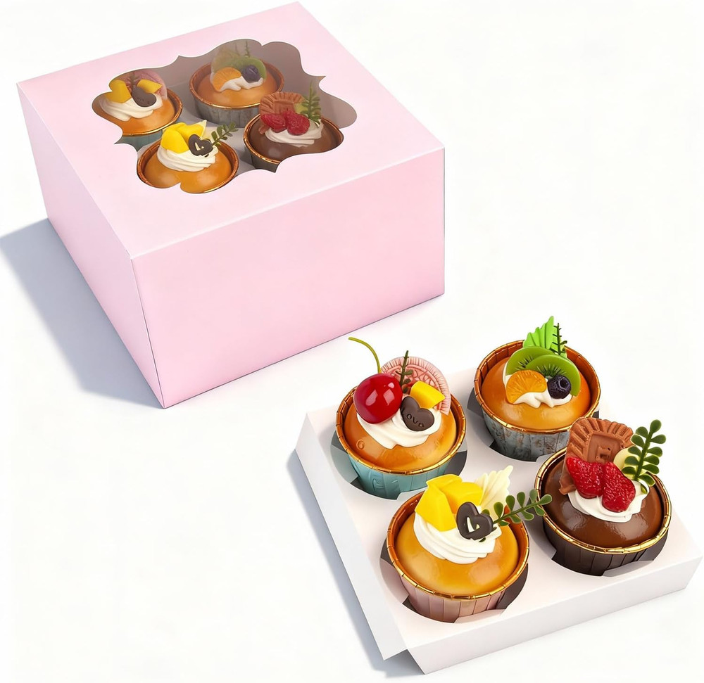 Cupcake Boxes with Window 6.5X6.5X3 Inch - 20 Pack Bakery Boxes with 4-Compartme