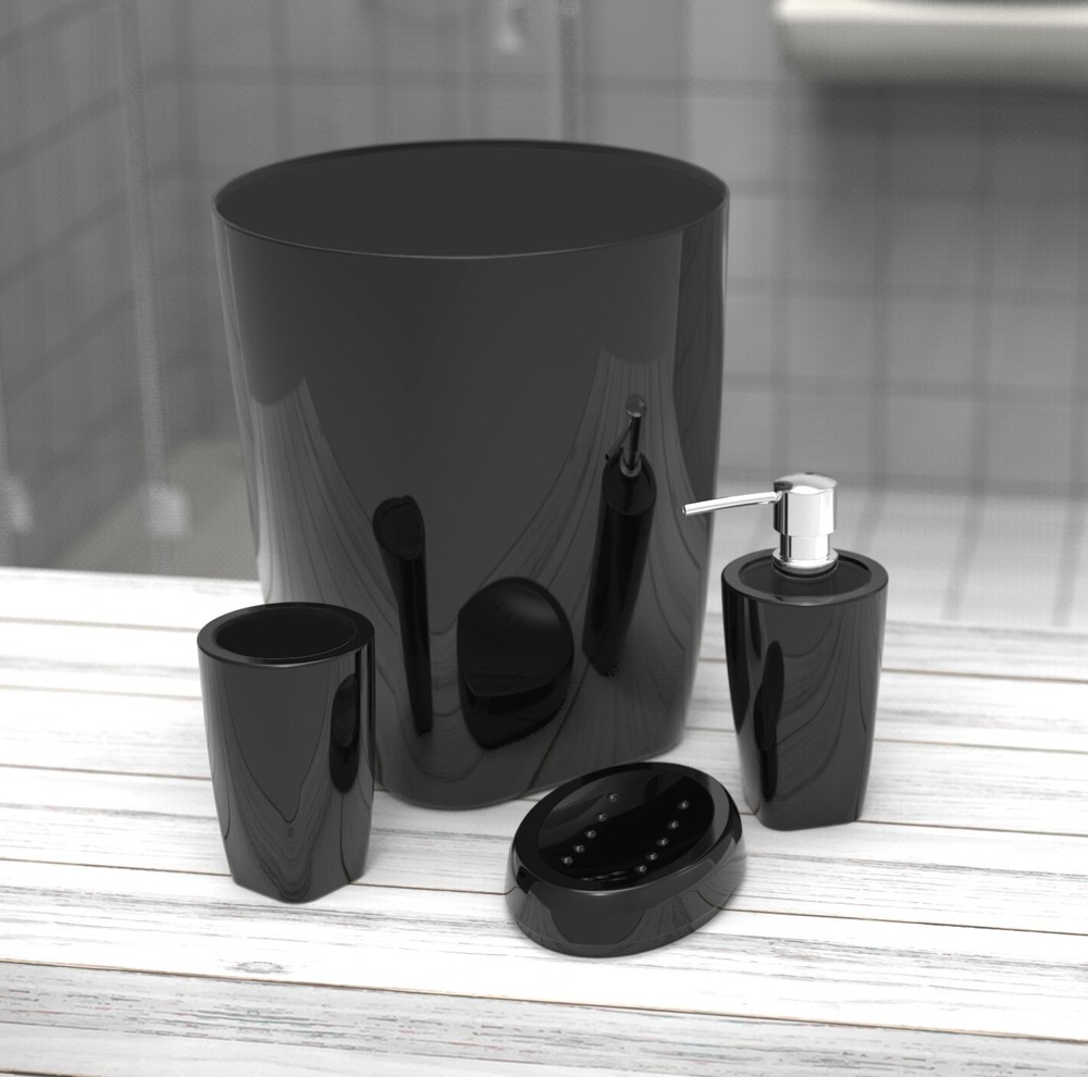 4 pc Modern Bathroom Clear / Black Heavy Base Acrylic Plastic Bath Accessory Set