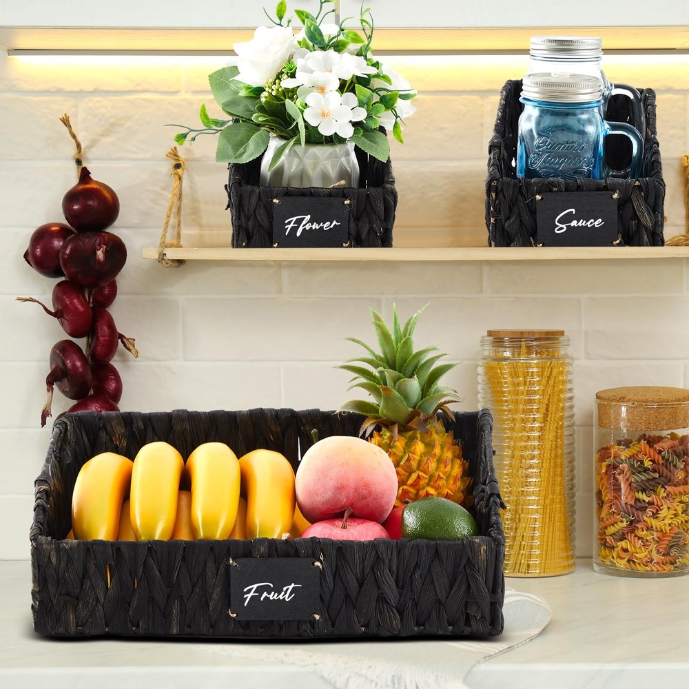 4 PCS Natural Wicker Storage Baskets Stackable Handwoven Bins Black Shelf