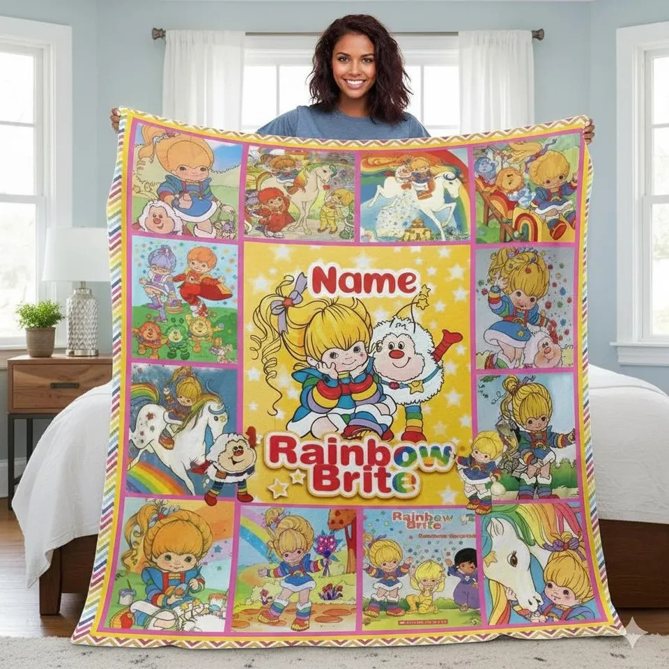 Personalized 80s Rainbow Star Flannel Blanket Custom Gift
