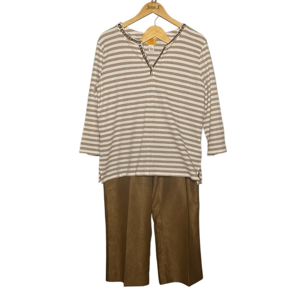 Ruby Rd. Brown Long Sleeve Striped Tunic Size L & Pull On Ankle Pants Size 14P
