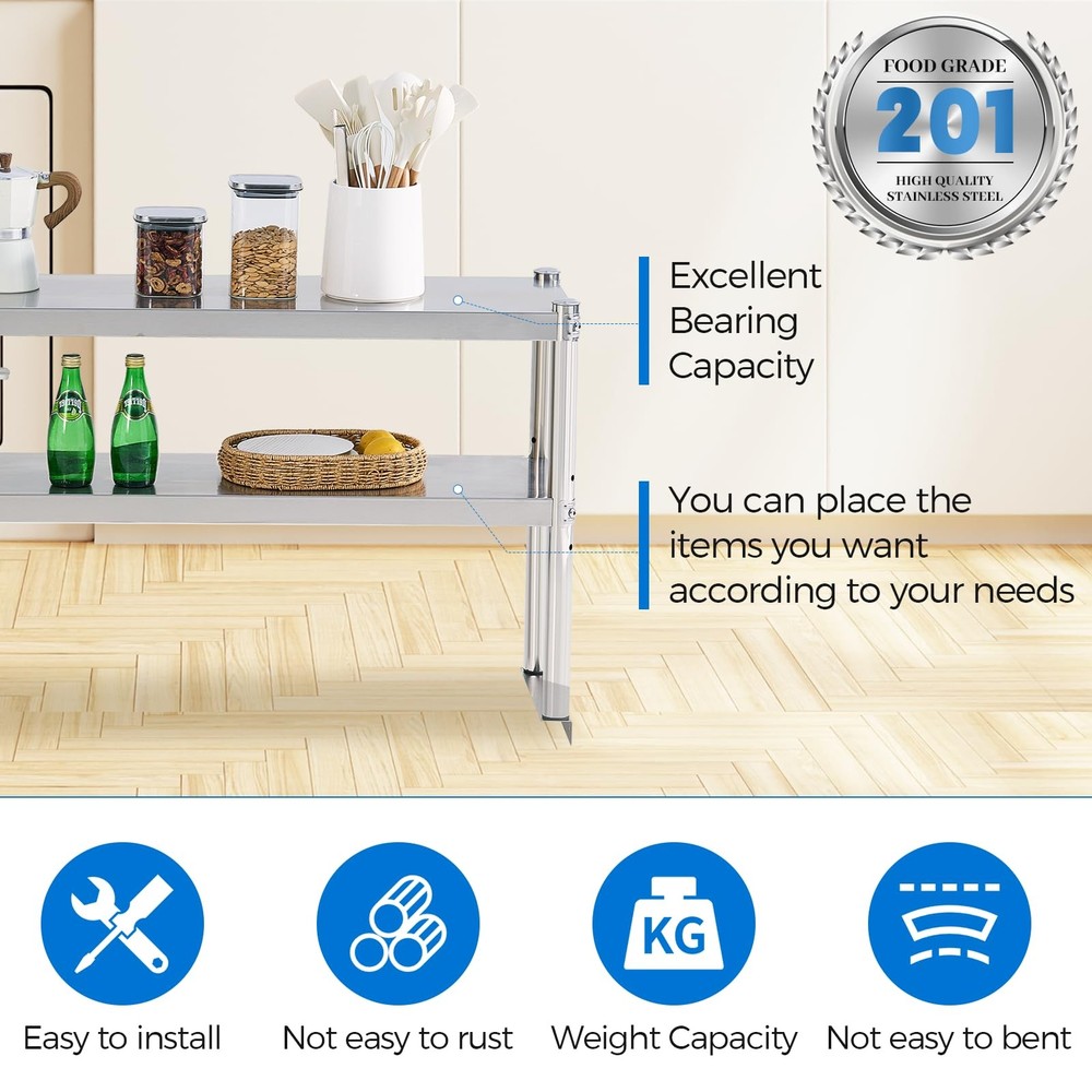 Stainless Steel Shelf 2 Tier Stainless Overshelf for Kitchen Prep Work Table ...