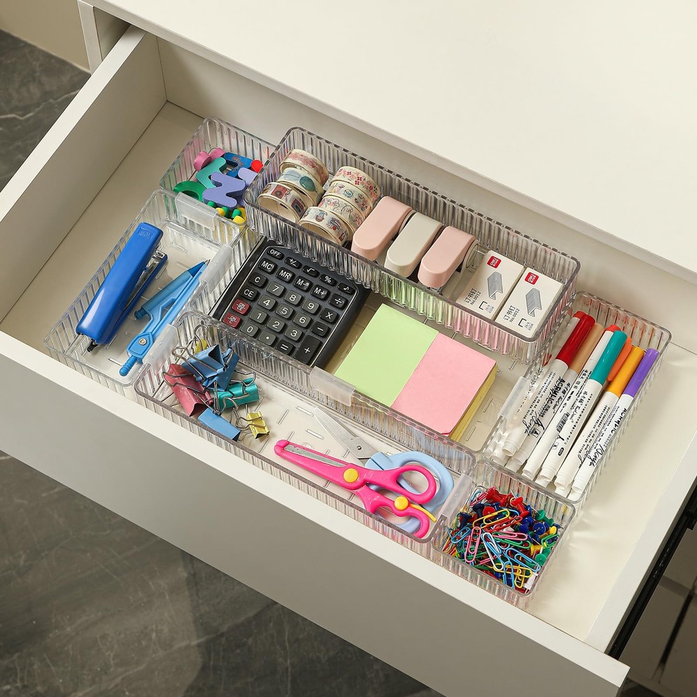7 Pc Clear Drawer Organizer Bins, 4-Size, Stackable, Buckles, Makeup, Vanity