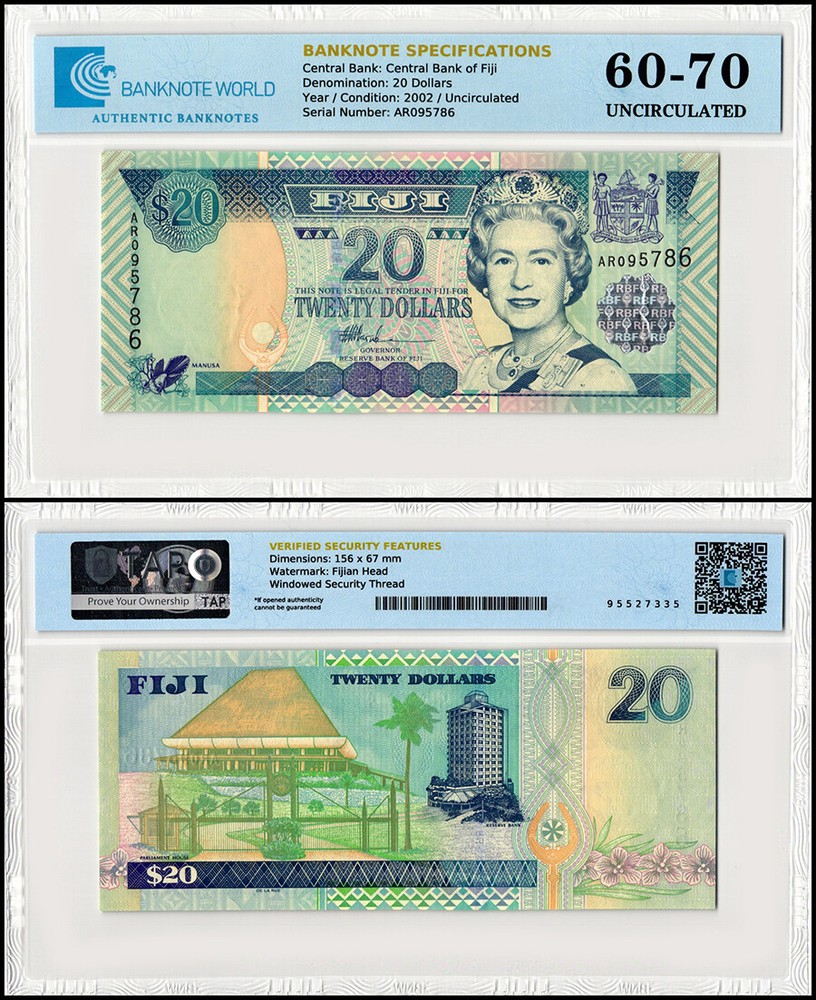 Fiji 20 Dollars, 2002 ND, P-107, UNC, Authenticated Banknote