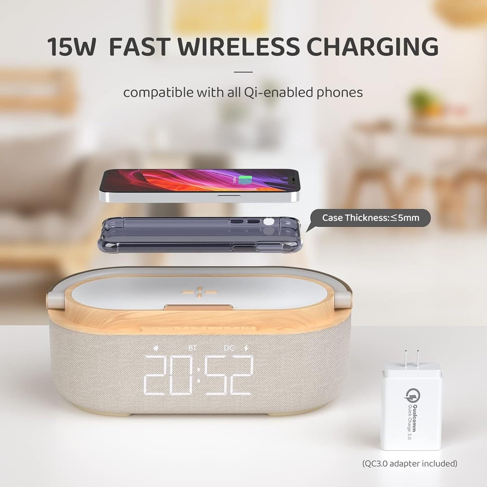 Bluetooth speaker alarm clock with wireless charger, LED night light