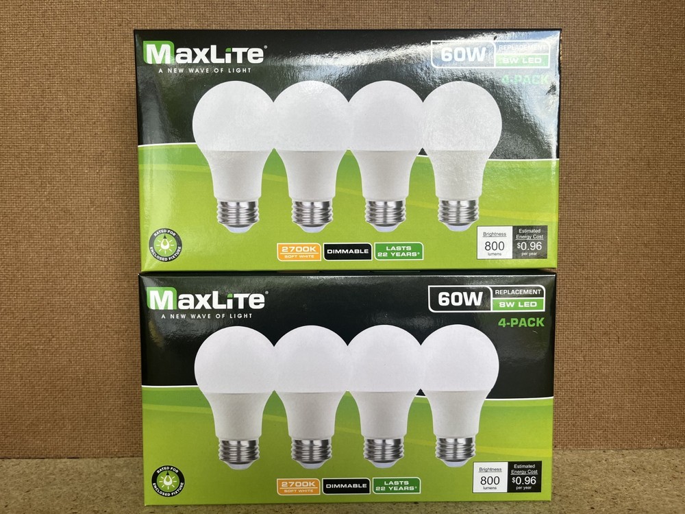8 Pack Maxlite 8W LED Bulb = 60 watt replace A19 Soft White 2700K LED Light 60w