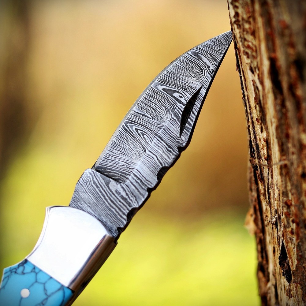Handmade Damascus Folding Knife, Turquoise Stone Handle Leather Sheath Sharpner.