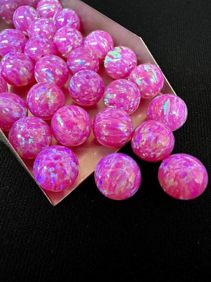 Half Drilled Hot Pink Synthetic Lab Created Opal Round Beads
