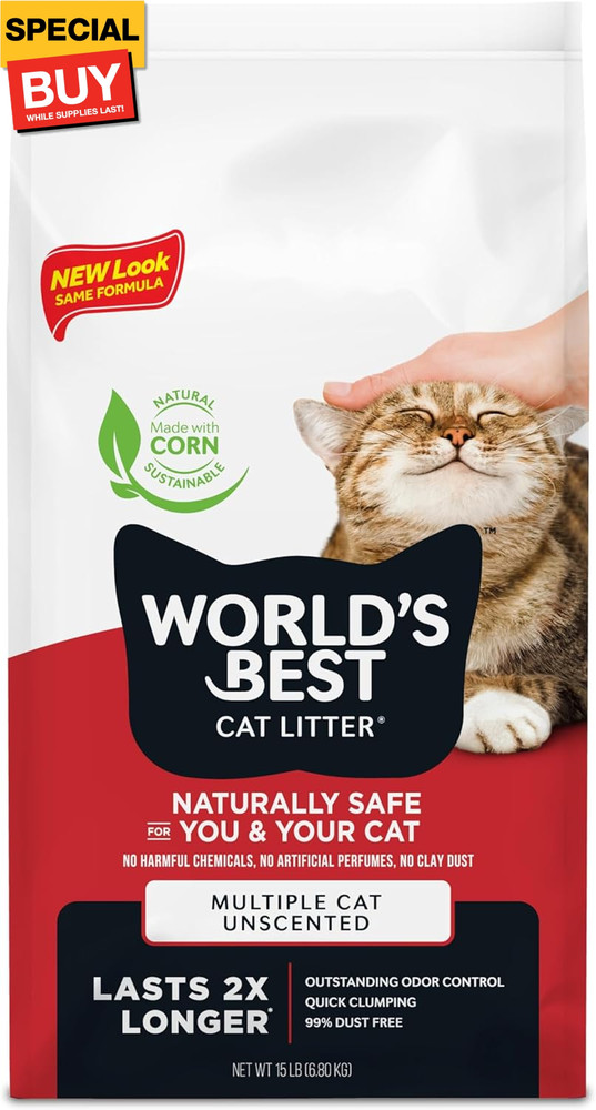 Multiple Cat Unscented, 15-Pounds - Natural Ingredients, Quick Clumping, Flushab