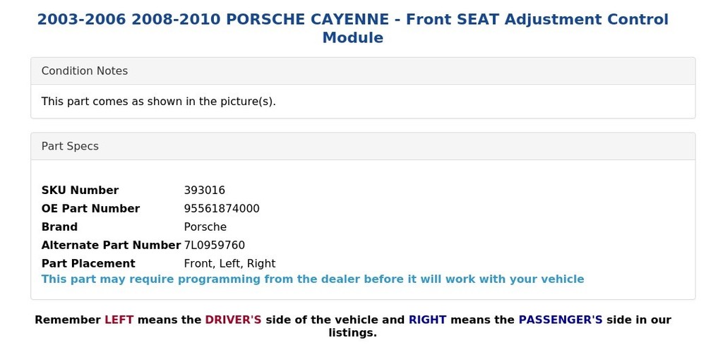 2003-2006 2008-2010 PORSCHE CAYENNE - Front SEAT Adjustment Control Module