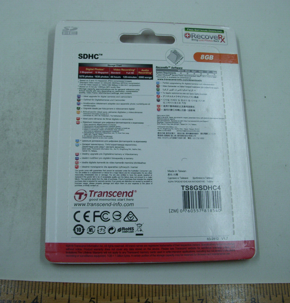 Transcend SDHC 8GB Class 4 Secure Digital Memory Card New In Package