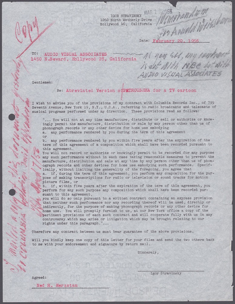 IGOR STRAVINSKY - AUTOGRAPH NOTE SIGNED 03/07/1956