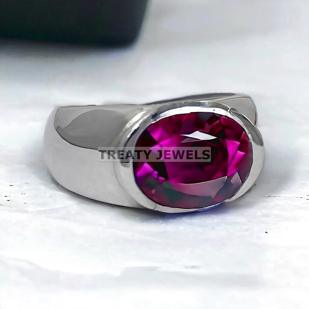 Ruby Oval Cut Gemstone With 14K Solid White Gold Ring For Men's #A23