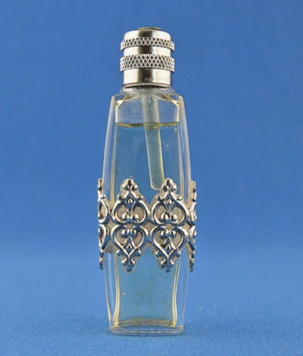 Antique Fine Sterling silver overlay tiny perfume bottle (with perfume) 2 1/4"