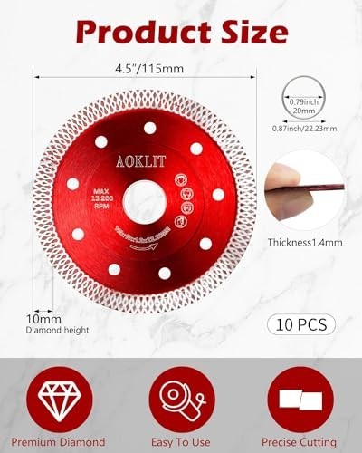 4.5" Super Thin Diamond Saw Blades 5-Pack, Tile/Ceramic/Granite Cutting Discs