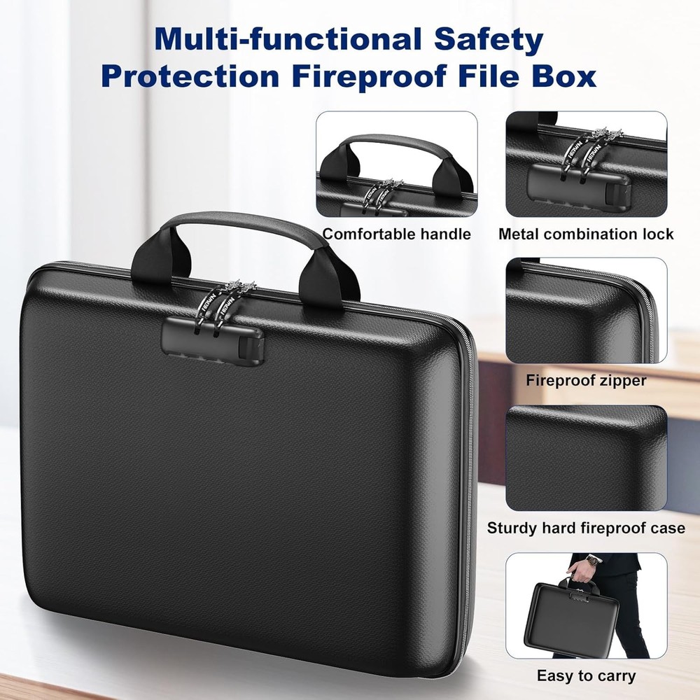 Fireproof Document Box with Lock 13 Pockets Waterproof Hard Case File Organizer