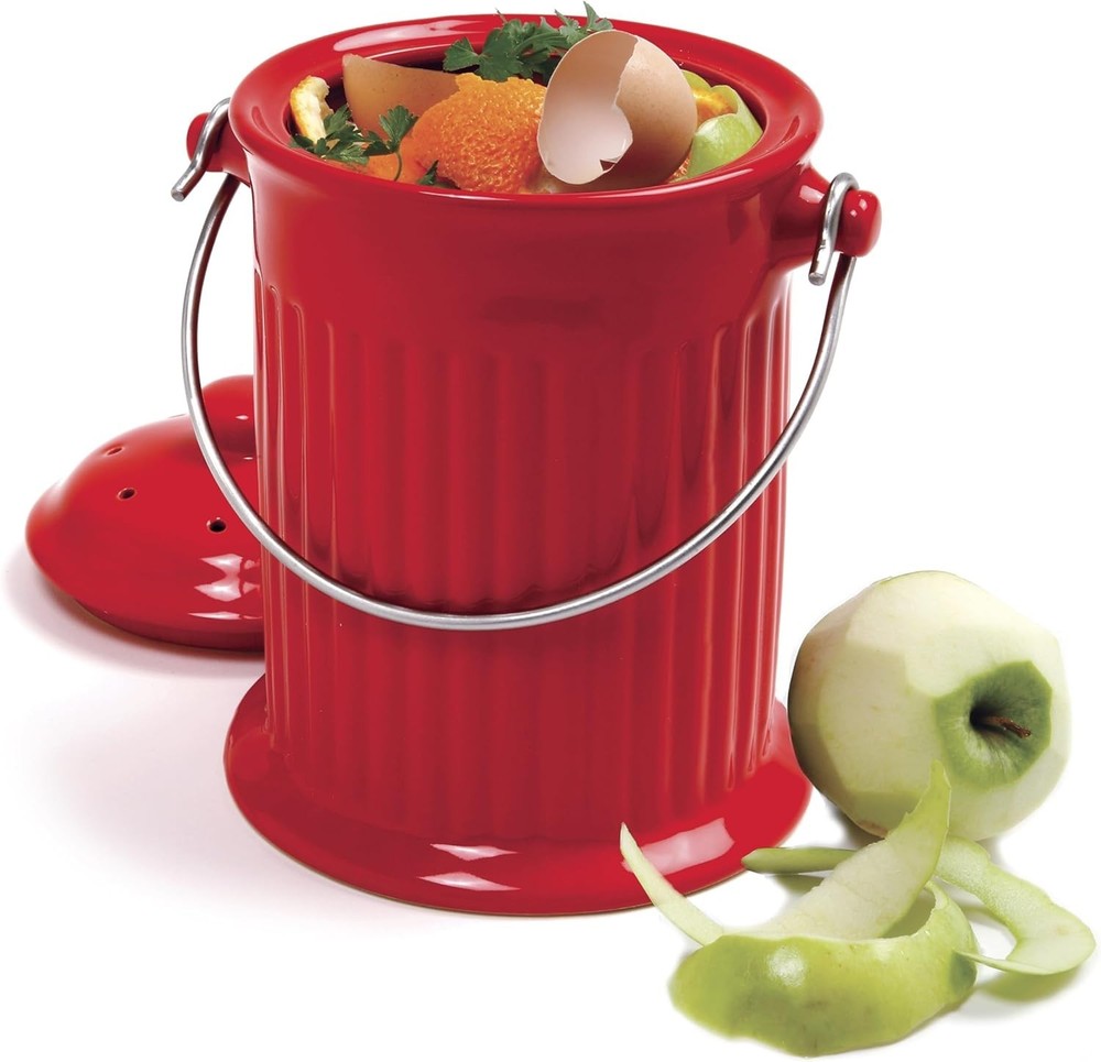 Functional 1 Gallon Red Ceramic Compost Keeper with Odor Filter - Eco Chic