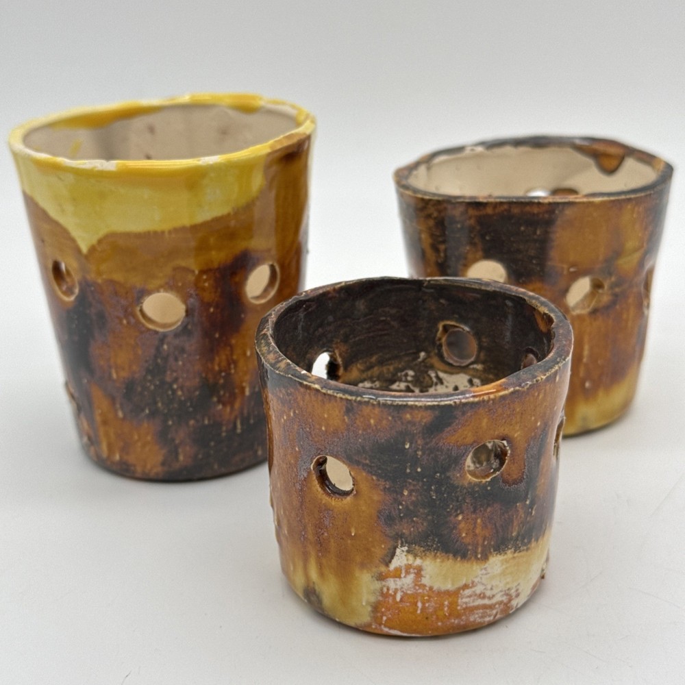 Handmade Ceramic Rustic Tea Light Holder 3 Piece Matching Set Multicolor Glazed