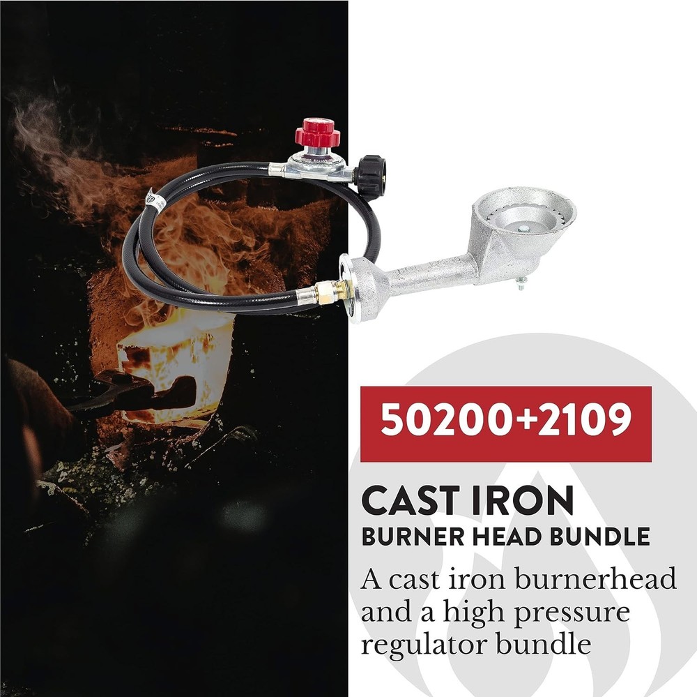 Versatile Cast-Iron Burner Head with Brass Fitting and High Pressure Regulator