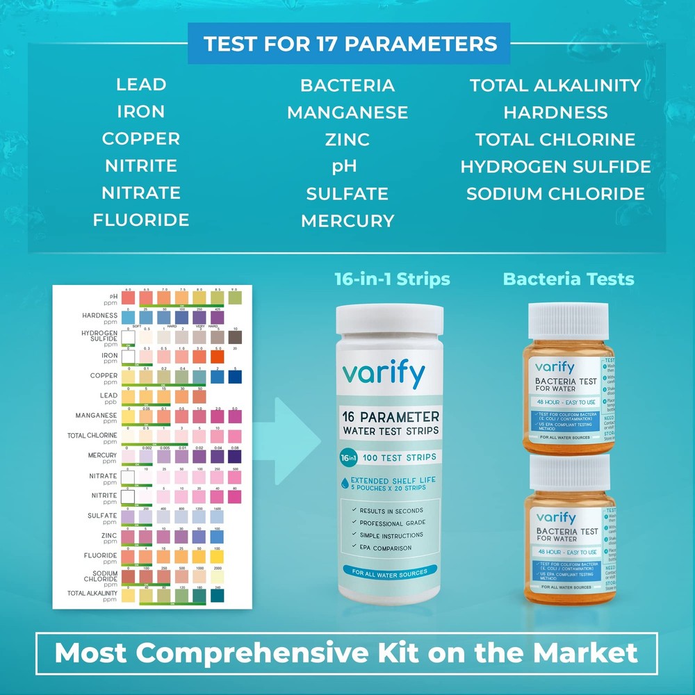 Varify 17in1 Complete Drinking Water Test Kit - 100 Strips + 2 Bacteria Teste...