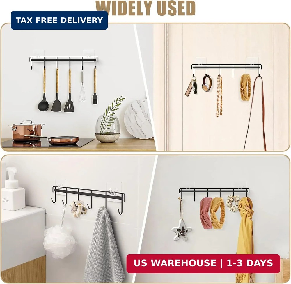 2 Pack No Drill Adhesive Rail with 12 Hooks Metal Organizer Kitchen Bathroom