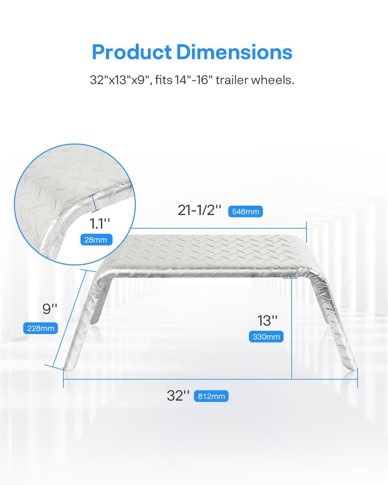 Single Axle Square Trailer Fender for 14-16 Inch Wheels Diamond Plate Steel